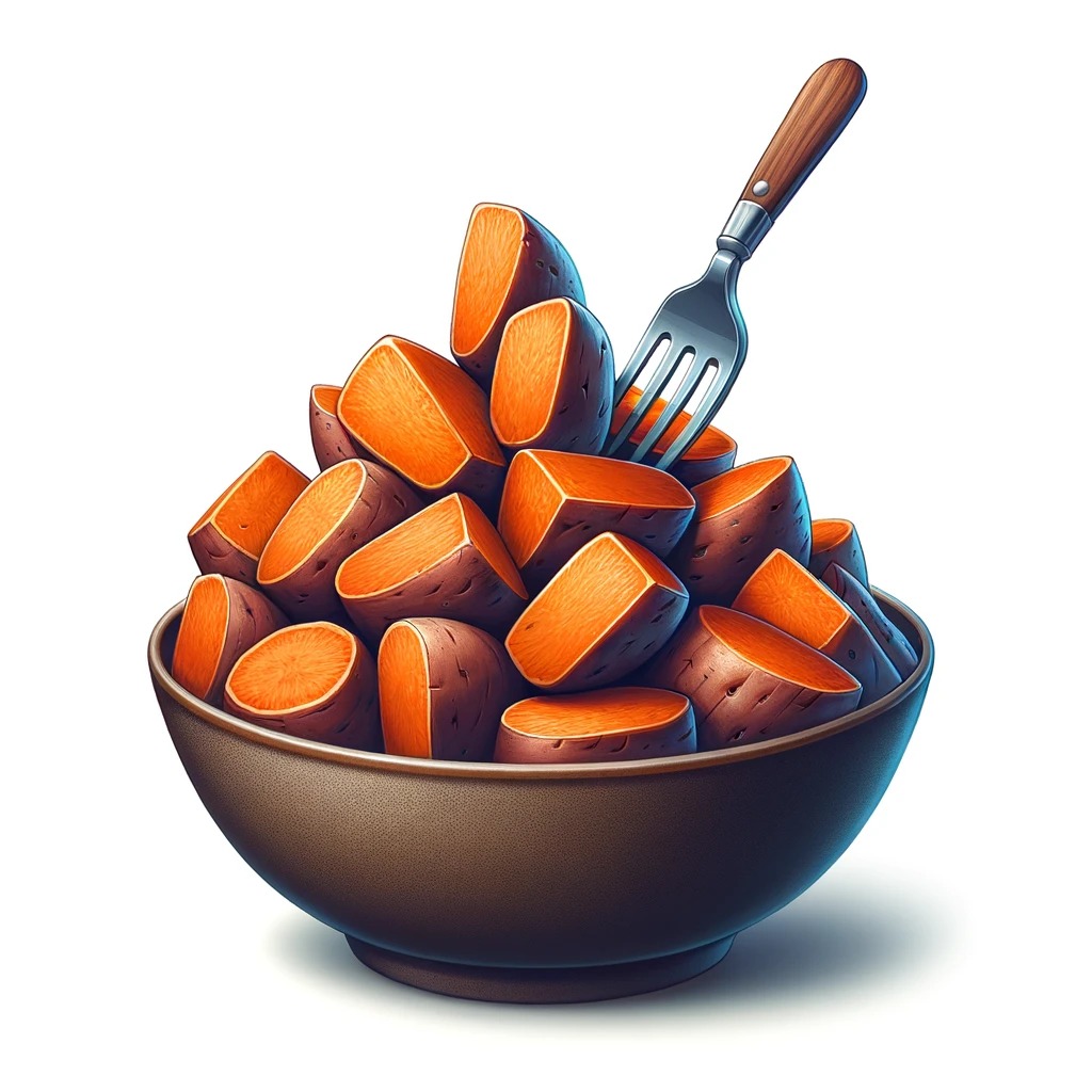Sweet potatoes served in a bowl with a fork in it.