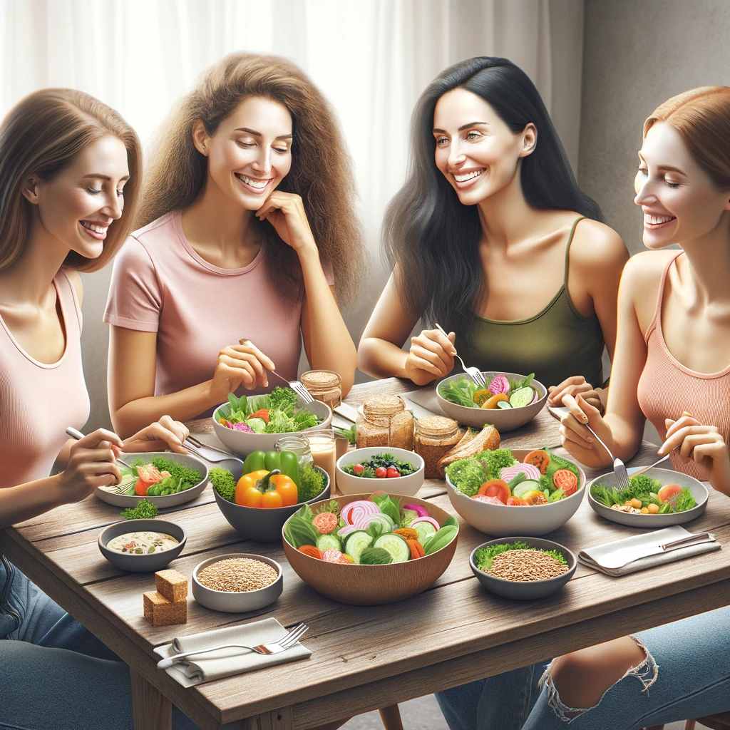 Women appear happy and engaged in eating healthy food